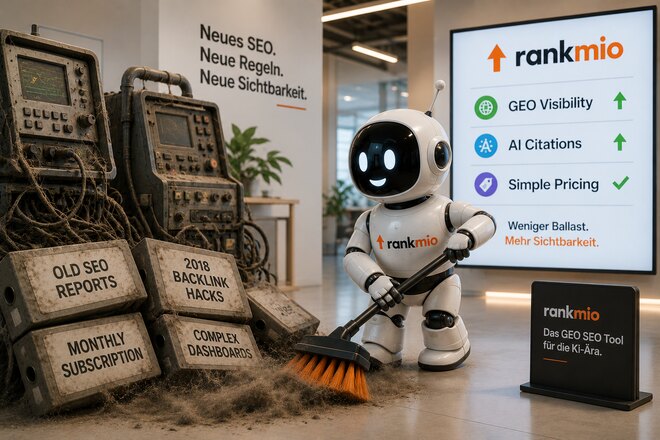 Rankmio robot sweeping away old SEO reports and 2018 backlink hacks, next to a screen showing GEO visibility and AI citations