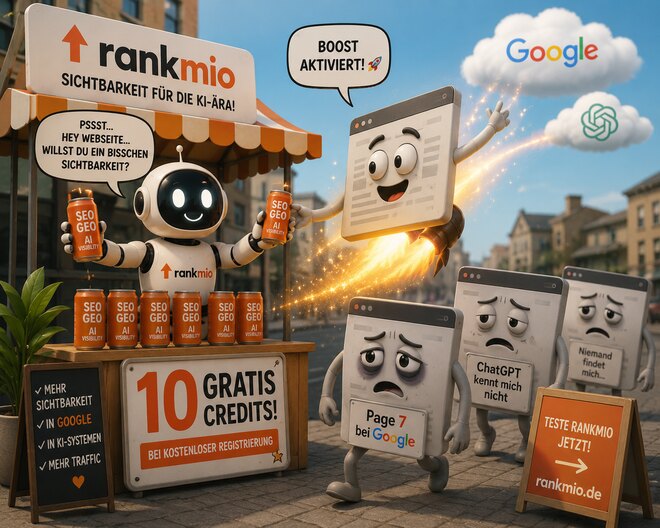 Cartoon market stall of the Rankmio robot handing out SEO, GEO and AI visibility to websites, with Google and ChatGPT clouds above
