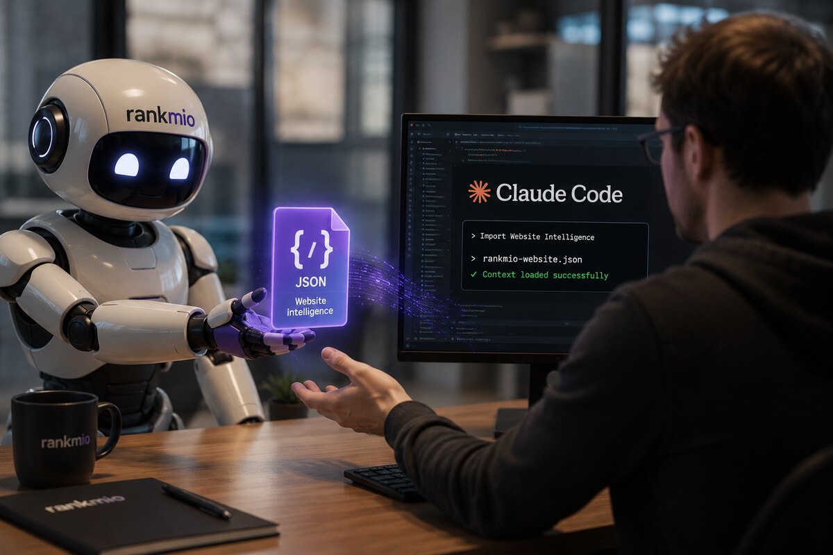 Rankmio robot hands a JSON Website Intelligence file to a developer working with Claude Code — perfect symbiosis between SEO/GEO data and AI coding agent
