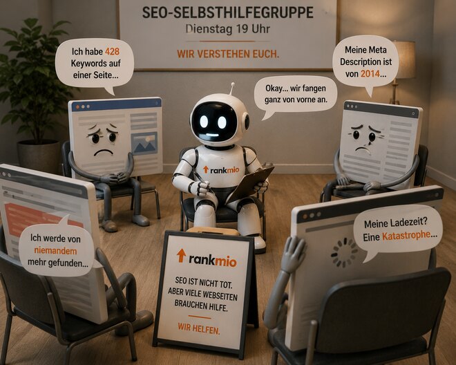 Cartoon support group of browser windows complaining about SEO problems, led by the Rankmio robot