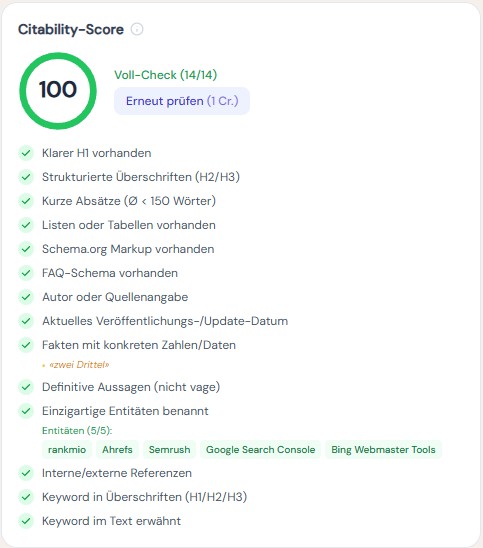 Content Studio screenshot: live citability score with 5 measurable factors — structured data, answer structure, brand signals, source quality, FAQ coverage